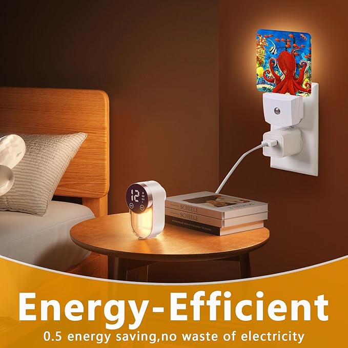 Red Octopus Night Light, Fish Sea Plug-into Nightlight White LED Lamp, Energy Efficient Decor Desk Lamp for Bedroom Hallway Stairs Bathroom
