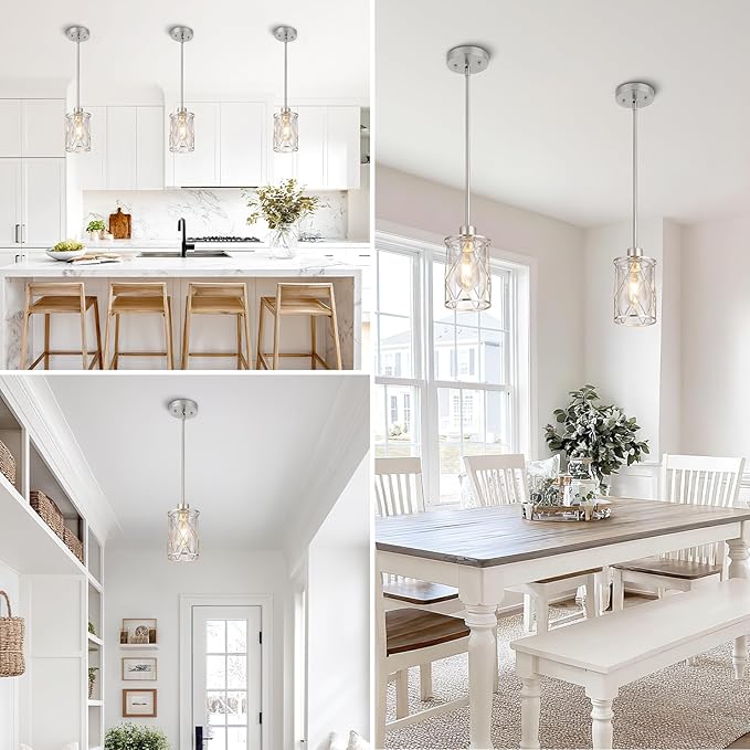 Refice Glass Pendant Lights Kitchen Island, Brushed Nickel Kitchen Hanging Light with Clear Glass, Farmhouse Cage Mini Pendant Lighting for Sink Dining Room Bedroom Bar, 2 Pack
