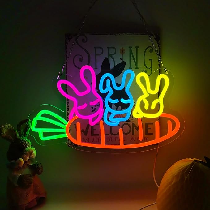 Easter Sign Rabbit Neon Sign for Easter Window Decorations, Cute Led Bunny Carrot Light UP Party Sign Home Room Decor, Wall Decor, Easter Gifts for Kids
