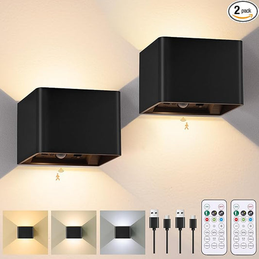 Motion Sensor Wall Sconces with Remote Control, 6000mAh Black Wireless Touch Control Rechargeable Wall Lamps with 3 Color Temperatures, LED Up Down Battery Operated Wall Lights Indoor, 2-Pack
