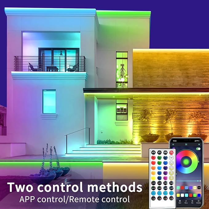 300Ft Outdoor Waterproof LED Strip Light,Music Sync RGB IP68 Led Lights with App/Remote Control,Color Changing Waterproof RGB Exterior Rope Self Adhesive Back,Balcony,Garden（2 rolls of 150ft）