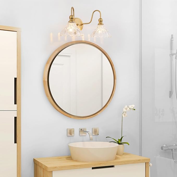 Vintage Bathroom Light Fixtures Over Mirror, 2-Light Brass Wall Sconce Lighting with Flower Glass Shade, Farmhouse Vanity Lights for Bedroom Kitchen Living Room Hallway Light