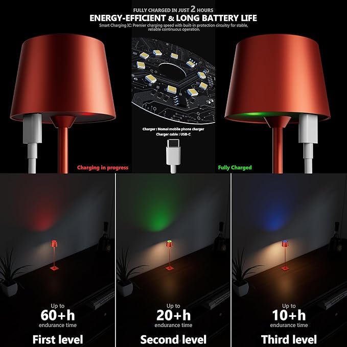 Compact Cordless Table Lamp, Rechargeable LED Night Light, Dual Light Source (RGB Top & Warm Bottom), Touch Control & Timer, Metal Lamp for Bedroom & Kids Room (Red 1-Pack)