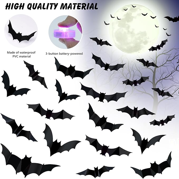 36 PCS LED Purple Lighted 3D Bats Halloween Decoration, 5 Sizes & 4 Shapes Removable PVC Bats Sticker, Waterproof Halloween Bat Wall Decor for Home Indoor Outdoor Bedroom Window Door Wall Party Decor