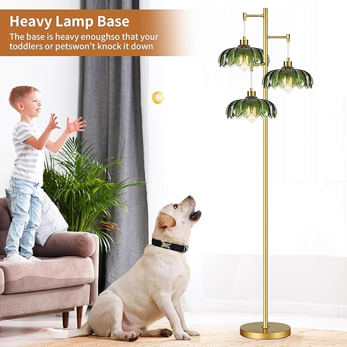 Glass Floor Lamp for Living Room,Bedroom,Mid Century Modern Standing Lamp Brass Tree 3 Light Tall Floor Lamps Vintage Retro Floor Lights Gold Green Flower Lamp Shade Farmhouse Boho Bohemian