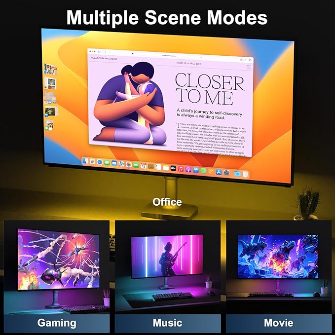 RGB Monitor Down Light Striping for PC - Dimmable Dynamic Rainbow, Adjustable Brightness/Speed, Music Sync & Screen Color Sync, for 27-34inch Computer Monitor, Game Room