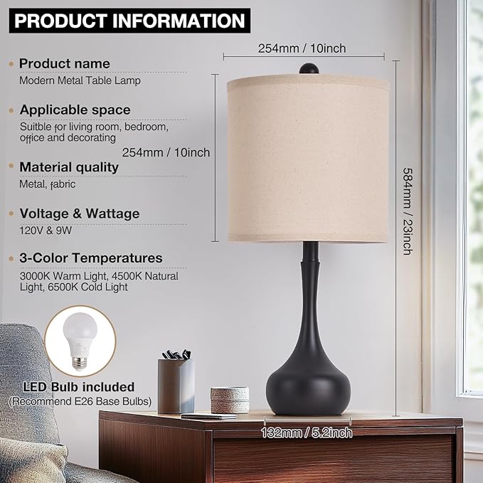 23" Modern Farmhouse Table Lamp Set of 2, Rustic Metal Bedside Lamps for Bedroom, Living Room, Office, Dorm - 3-Way Color Changing, Bulb Included, Home Decor