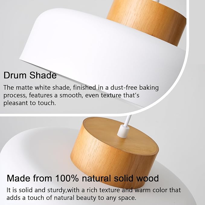 Modern Pendant Light,12.6 inch,Natural Wood Cap,Small Pendant Lighting for Kitchen Island,Dining Room,Matte White