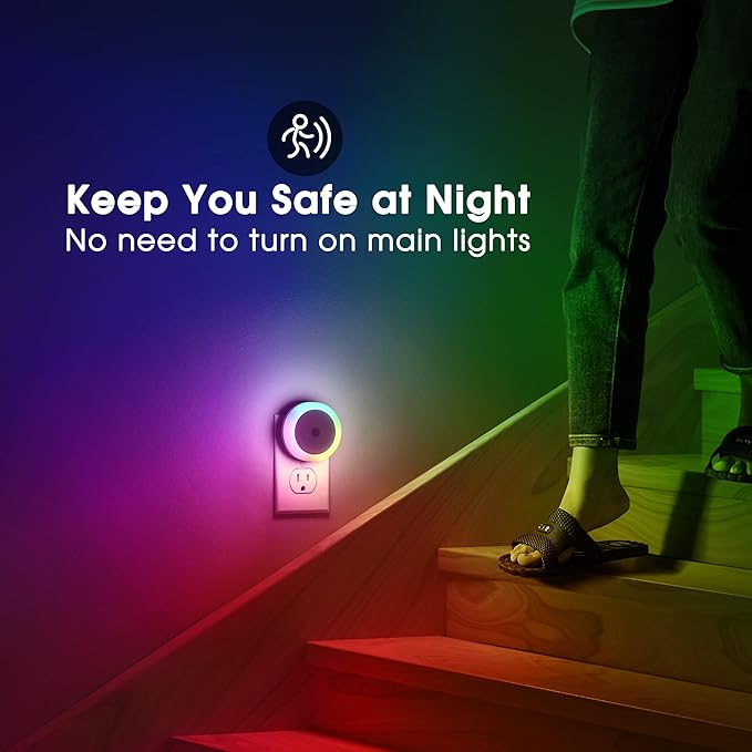 Briignite Kids Night Lights - Dynamic RGB Color Changing, 4 Pack with Light Sensors for Bedroom, Plug-in for Boys & Girls