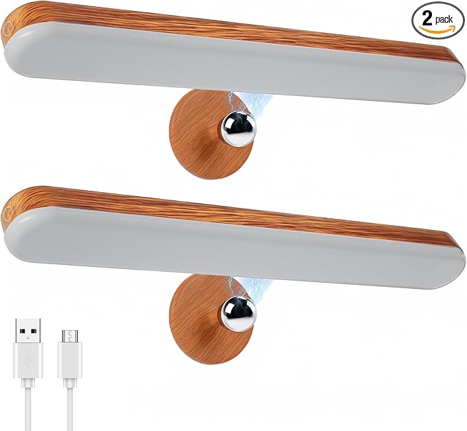 2 Pack Vanity Lights for Mirror with 4000mAh Rechargeable Battery, Touch Control Dimmable Makeup Light with 3 Color Modes, Magnetic 360° Adjustable LED Bathroom Mirror Light, Light Wood
