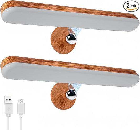 2 Pack Vanity Lights for Mirror with 4000mAh Rechargeable Battery, Touch Control Dimmable Makeup Light with 3 Color Modes, Magnetic 360° Adjustable LED Bathroom Mirror Light, Light Wood