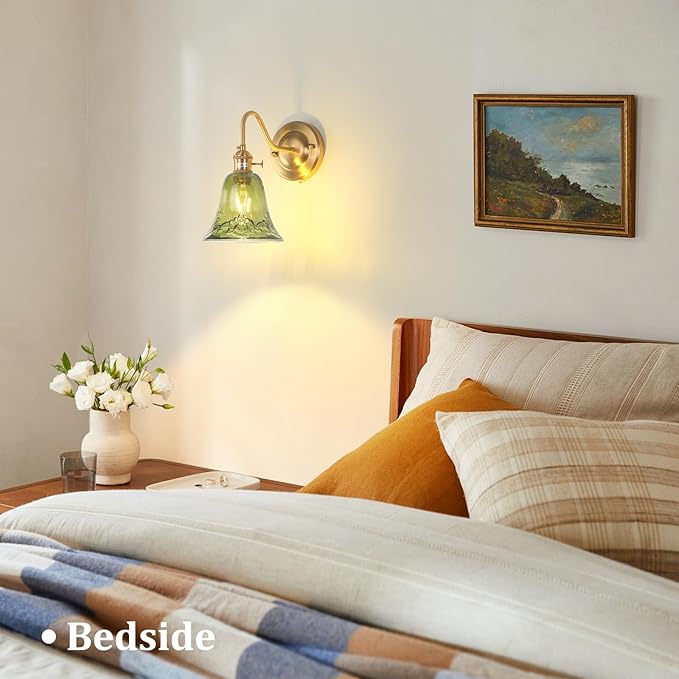 Plug in Wall Sconce Set of 2, Gold Vintage Wall Decor Lights with Green Morning Glory Glass Shade, Indoor Brass Corded Wall Lamp Fixture for Bedroom Living Room Bathroom Hallway
