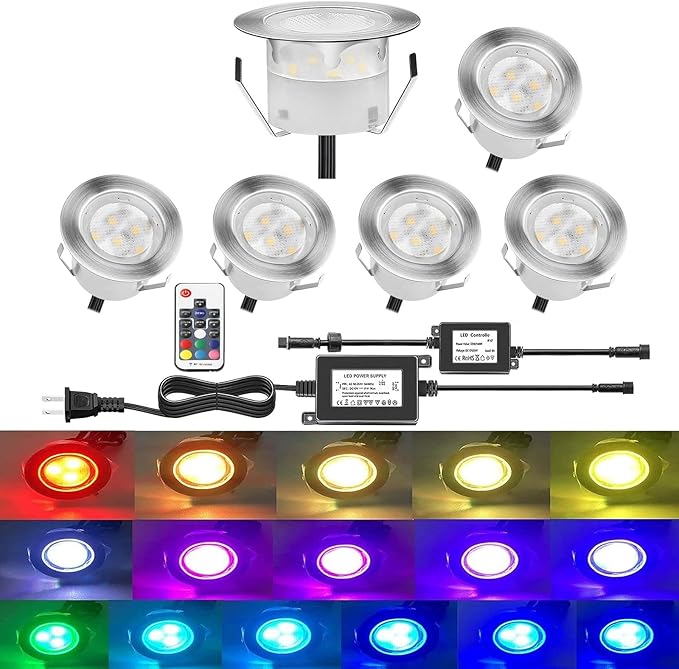 6pcs Low Voltage LED Deck Lights Kit Multi-Color RGB Stainless Steel Waterproof Outdoor Yard Garden Recessed Wood Decoration Lamps Landscape Pathway Patio Step Stairs LED In-ground Lighting