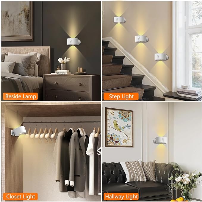 Motion Sensor Wall Light Indoor, Battery Operated Sconce 360°Rotate, Rechargeable Cordless Night Light, Touch Dimmable 3 Brightness, UP Down LED Wall Lamp for Stairs, Closet, Bedroom, Bathroom