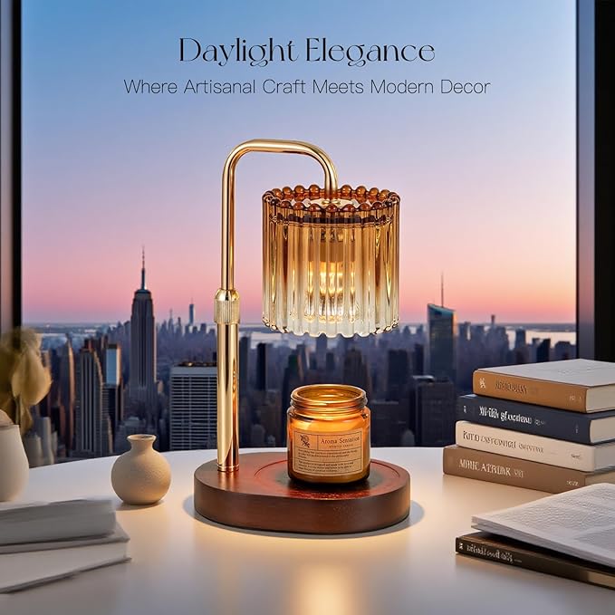 Candle Warmer Lamp with Timer: Amber Candle Warming Lamp with 2 Bulbs Height Adjustable Wax Melt Dimmable Bedroom Decor for Women