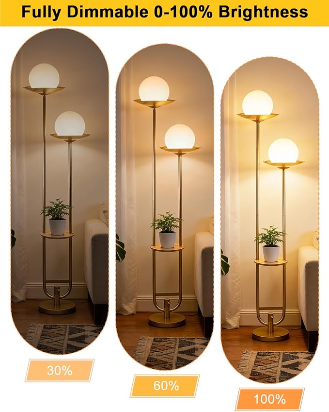 Lightdot 63IN Gold Floor Lamp with U Pole, 2 Globe Mid Century Standing Lamps Dimmable with 3000K Warm White LED Bulbs, Unique Vintage Tall Floor Lamp for Living Room/Wedding/Party