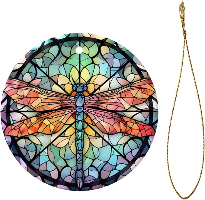 Dragonfly Mandala Glass Painting Christmas Ornaments, Christmas Decorations Xmas Tree Hanging Ornaments, Round Ceramic Festive Keepsake Gift for Xmas Decorations Holiday Home Decor