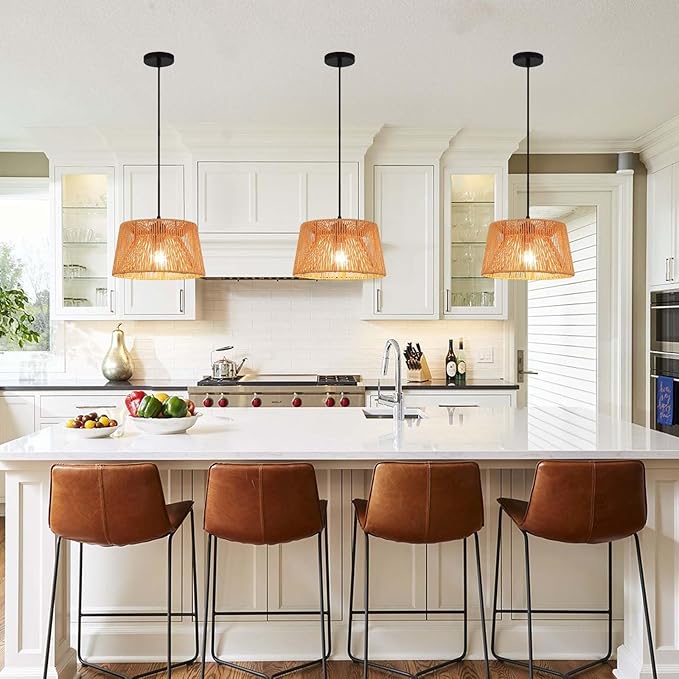 Rattan Pendant Light,boho hanging light Fixture Kitchen Island,Handwoven wicker Flush Mount ceiling light fixtures,Coastal Natural rattan chandelier for dining room Bedroom Living Room Hallway