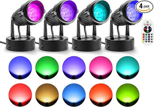 ZUCKEO LED Spot Lights Indoor RGB Up Lights with Remote, 120V 10W Uplighting Indoor Spotlight Plug in, 4.92FT Code Accent Flood Light Color Changing Landscape Lighting for Christmas Halloween(4Pack)