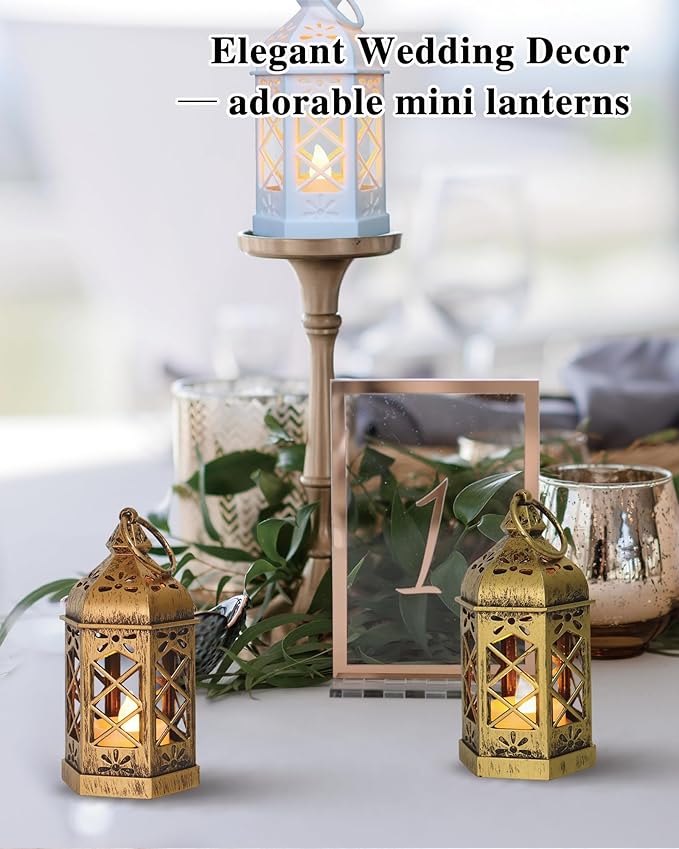 8-Pack Mini Lanterns with Flickering LED Candles for Ramadan, Small Decorative Hanging Lanterns for Halloween, Christmas, Wedding, Gold Lantern for Table Centerpiece, Garden Party Decor