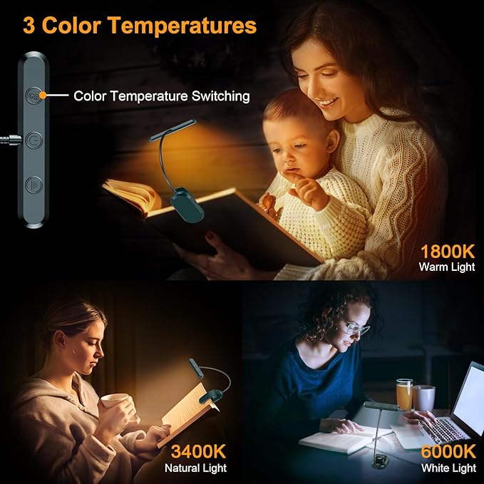 Gritin Rechargeable Book Light for Reading in Bed with 19 LED &Memory Function-Eye Caring 3 Color Temperatures,5 Brightness Levels,90 Hrs Runtime Flexible Goose Neck Clip on Light-Aquamarine