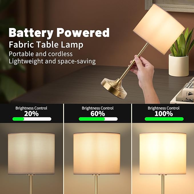 Portable Cordless Table Lamp,Built-in 5200mAH Rechargeable Battery, Dimmable Touch Wireless Light, Bed Side Metal Desk Lamp，Restaurant/Bedroom/Bar/Coffee/Night Light (Antique Brass)