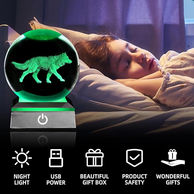 3D Wolf Crystal Ball Night Light 3.15 inch Glass Ball Table Lamp with Color Changing Touch Base Decor Ideal Wolf Statue Decor Gifts for Friends Kids Christmas Birthday