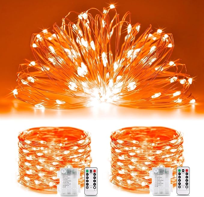 JMEXSUSS 2 Pack Orange Fairy Lights, Total 200 LED 66ft Battery Operated Halloween Lights with Remote, 8 Modes Twinkle String Light for Halloween Thangksgiving Fall Tree Indoor Outdoor Decoration