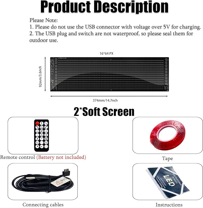 2 Pack 14.72"x3.62" Synchronized LED Devil Eyes Light Sign for Cars, Truck Windshield LED Eyes, Programmable via App/Remote Control, USB-Powered Flexible Panel, Custom Dynamic Patterns