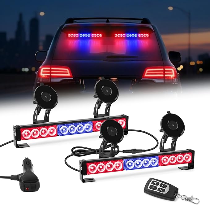 Red and Blue Emergency Police Lights For Vehicle LED Strobe Cop Light Bar For Directional Warning Vehicles Trucks 23 Flash Patterns 2pcs 12.8 inch Wireless Remote Control