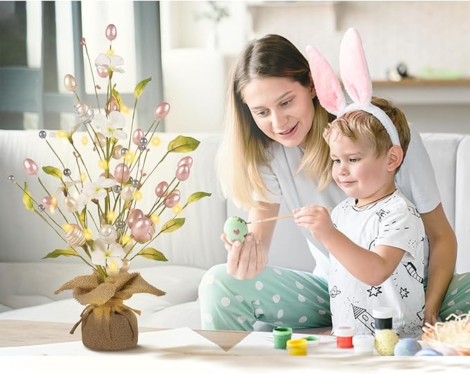 RoseCraft Easter Decorations, 18 Inch Easter Artificial Egg Tree Tabletop Decor with Delicate Ornaments, for Home Party Wedding Holiday Spring Summer Decoration, Pink/White.