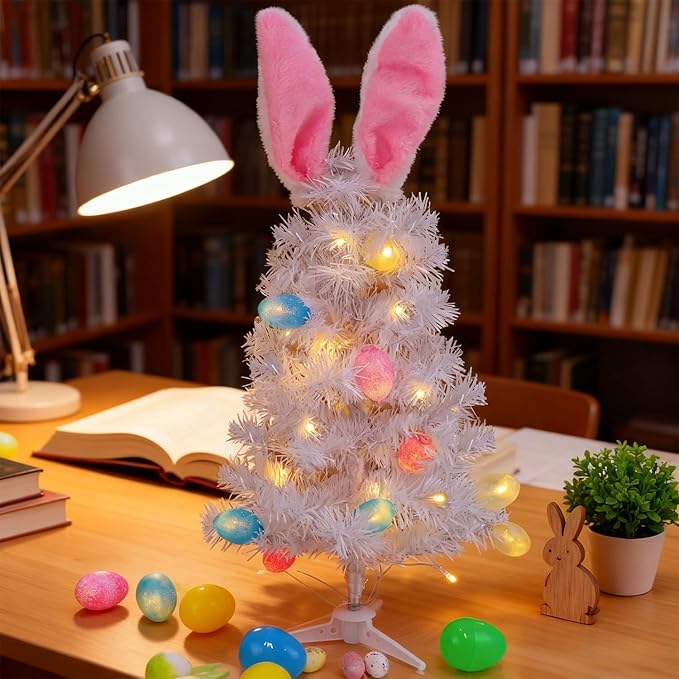 Dynaming Easter Table Decorations, 23 Inch Lighted Easter Bunny White Tree, Pre-lit Artificial Tabletop Tree with Bunny Ears and Eggs, Battery Operated Light Up for Indoor Spring Home Bedroom Decor