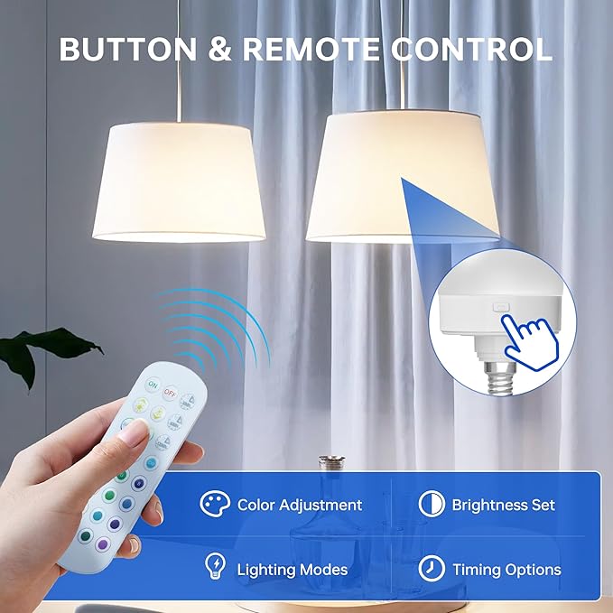 Rechargeable Light Bulb with Remote Control: E12 Wireless LED Bulbs 3 Color Temperatures + 12 RGB Colors, Timer Magnetic Puck Light for Sconces and Lamp, 2000mAh Battery Powered USB Charging, 2pcs