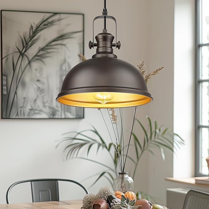 Pendant Lights Kitchen Island, Farmhouse Hanging Lights Fixtures with Metal Shade, Rustic Kitchen Pendant Lighting Over Island for Dining Room, Oil Rubbed Bronze, AD-2151-1PL-ORB