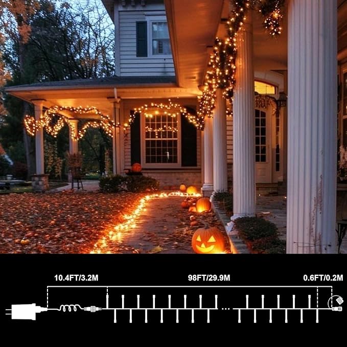 LAMPHOME 99ft Halloween Lights, 300 LED Transparent Wire Fairy Starry String Light Plug in, 16Lighting Modes for Indoor Outdoor Xmas Tree Wedding Party Decoration (Orange)