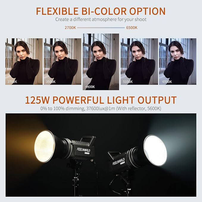 FEELWORLD FL125B 125W Video Studio Light with 2700K~6500K Bi-Color Continuous Lighting CRI96+ TLCI97+ 37600lux@1m for Film, Live Streaming, Videography, Photography, Wedding, Interview
