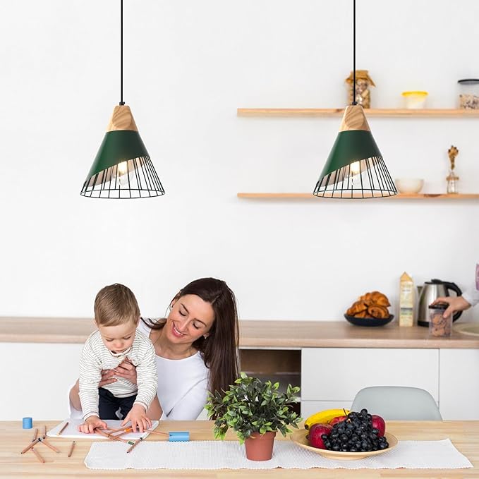Farmhouse Pendant Light 9.4ines, 2 Packs- Green Industrial Kitchen Pendant Lights for Kitchen Island, Bar, Bedroom, Office, Library