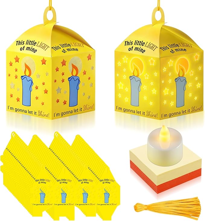 24 Sets Religious Easter Crafts with LED Candle Light Tissue Paper Light of Mine Lanterns Craft Kits DIY VBS Christ Suncatchers Lanterns Hanging for Easter Sunday School Christian Decoration