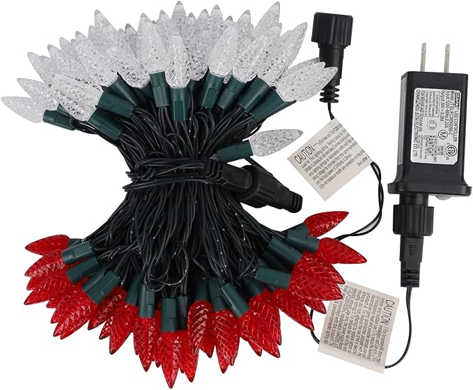 WATERGLIDE C6 Christmas Lights, 100 LED 33ft Faceted Fairy Lights Green Wire String Lights with Safe Adaptor, 8 Lighting Mode, Waterproof for Indoor Outdoor Patio Xmas Tree Party Decor, White & Red