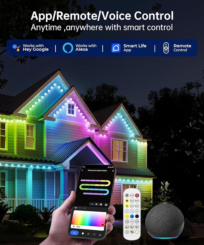 Smart Permanent Outdoor Lights, 50ft with 36 LED RGB String Lights, IP67 Waterproof Eaves Light with 44 Scene Modes for Halloween Christmas Birthday Holiday Party, APP/Voice/Remote Control