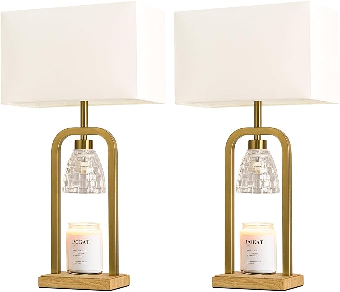PoKat Electric Candle Warmer Lamp Gold, Lamp Candle Warmer with Timer Dimmer, Wax Light Warming Table Lamp for Jar Candles, Modern Bedside Lamp for House Warming Home Decor Living Room, Bulb Included