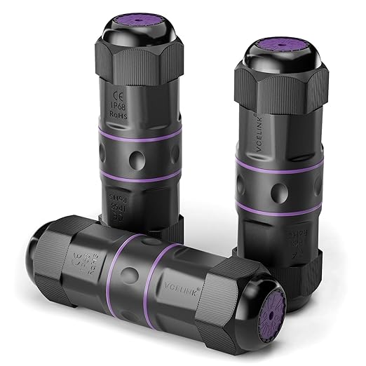 VCELINK Waterproof RJ45 Coupler IP68 Short Profile, Cat6/Cat5E/Cat5 Waterproof Ethernet Connector Shielded, Outdoor Network LAN Cable Extender PoE, 3.23in (Purple-3 Pack)