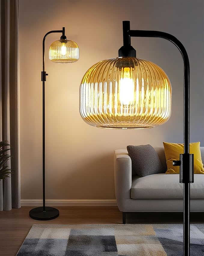 Lightdot 64IN Glass Floor Lamp for Living Room, Dimmable Modern Standing Lamps with Brown Ribbed Glass Shade, Industrial Floor Lamp with Bulb Included for Bedroom/Sofa Beside/Corner Decor-Black
