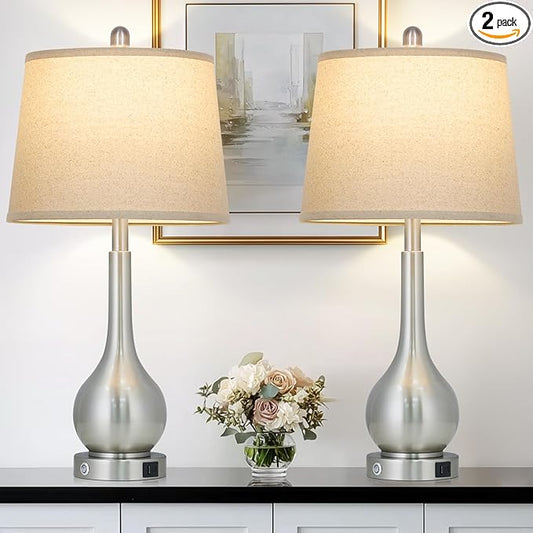 26" Silver Table Lamps Set of 2 for Living Room, Touch Control Bedside Lamp with USB Charging Ports, 3-Way Dimmable Brushed Nickel Bedroom Lamps for Nightstand (2 LED Bulbs Included)