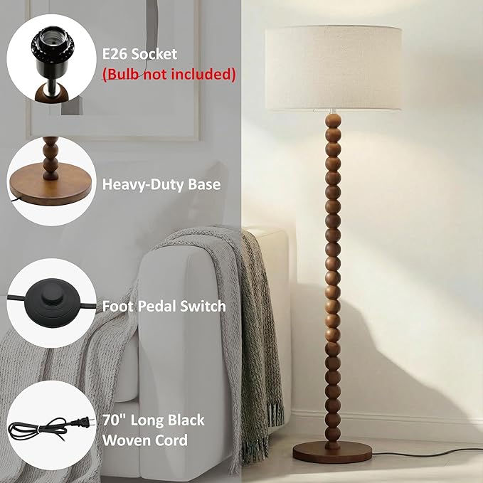 Buruis 61" Beaded Wood Floor Lamp with 17.2" Large Linen Shade, UL Listed, Retro Mid-Century Accent Walnut Finish Standing Lamp for Living Room, Bedroom, Office, Corner, Cream