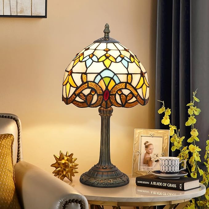 Tiffany Table 8 Inch Small Stained Glass Table Lamp Retro Baroque Reading Light, Suitable For Bedrooms Living Rooms Offices Study Rooms Tiffany Style Retro Home Decoration Crafts (Yellow, Brown)