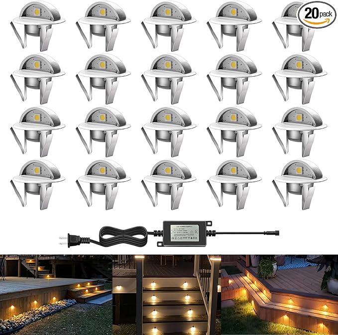 LED Outdoor Deck Lights Kits, Φ1.38in Warm White 20 Pack Silver, Low Voltage 12 Volt DC IP65 Waterproof, Electric Wired Recessed Stair Step Riser Mini Under Landscape Lighting for Yard Floor
