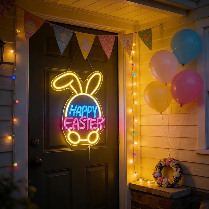 Easter Decorations LED Neon Sign - Happy Easter&Rabbit&Egg Window Lights,USB Power Neon Lamp Home Party Indoor Outdoor Wall Bunny Decor,Light Up Sign for Bedroom,Easter Birthday Party Decorations
