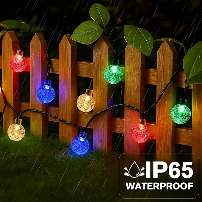 Metaku Solar String Lights for Outside, 36FT 60 LED Crystal Globe String Lights, Solar Powered Outdoor Lights with 8 Lighting Modes, Patio Hanging Lights for Garden, Camping and Party Décor Multicolor