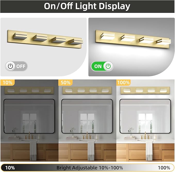 OKELI 5 Lights Bathroom Vanity Light Fixtures Gold LED Dimmable Vanity Light Over Mirror Modern Wall Mounted Lighting Fixture, 350° Rotatable Lamp Head 24W Cold White 6000K ETL Listed